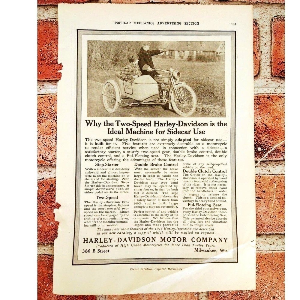 1914‎ Harley-Davidson Motorcycle Sidecar Vintage Print Ad Antique Biker Wall Art